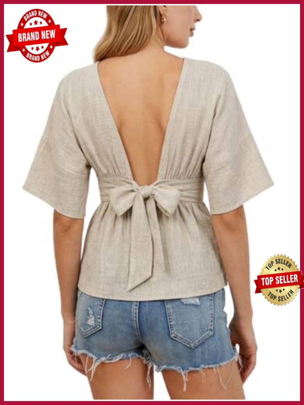 Boat Neck Peplum Babydoll Blouse Open Back Short Sleeve Tops